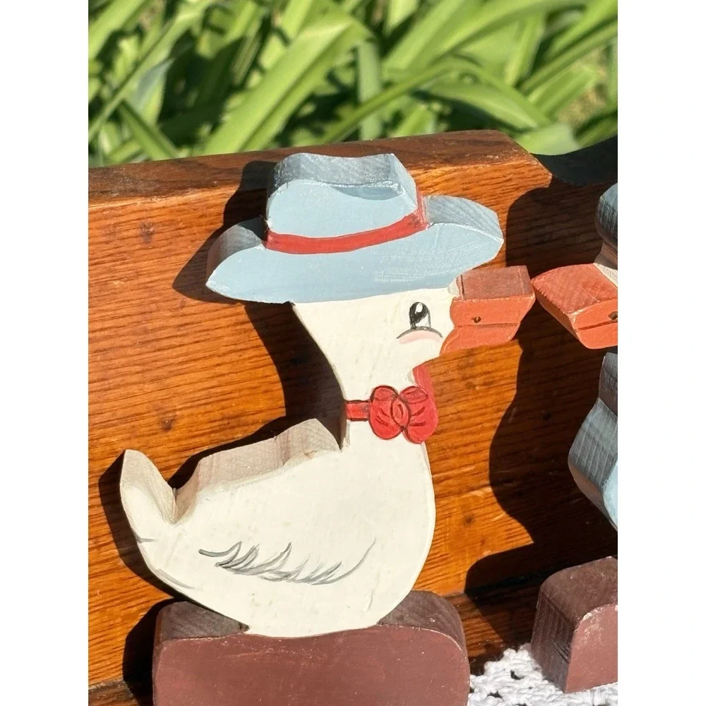 Two Small Hand Painted Wooden Geese Ducks Folk Art Country Decor Shelf Sitter